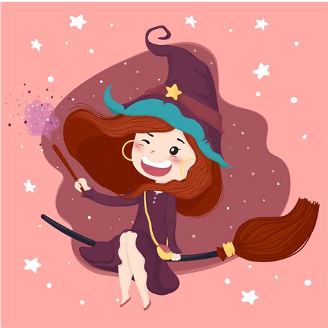 cute witch with a magic stick halloween background in purple dress ride a bloom, flat vector ...