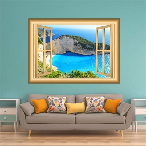 VWAQ Ocean View Wall Decor Window Decal Nature Scene Bedroom Art Sticker Peel and Stick Mural ...