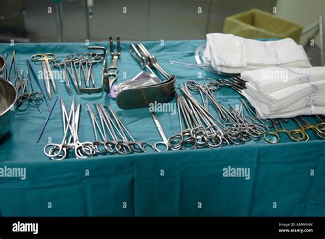 array of sterilized surgical instruments in operating theatre Stock Photo - Alamy