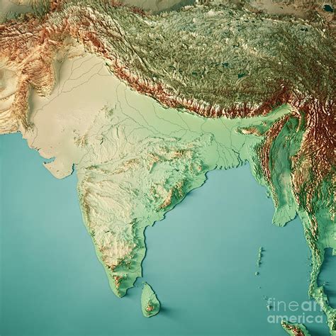 India 3D Render Topographic Map Color Digital Art by Frank Ramspott ...