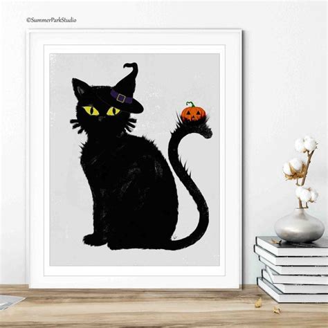 Halloween Black Cat Art Print Halloween Cat in Witch Hat - Etsy