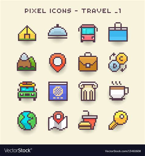 Pixel icons-travel 1 Royalty Free Vector Image