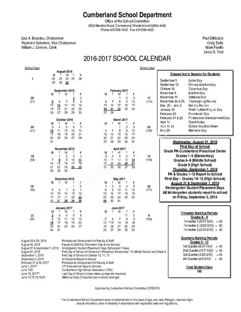 Cumberland School Department Calendars – Cumberland, RI