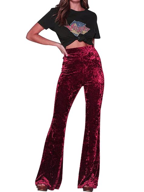 Karuedoo - Womens High Waist Crushed Velvet Flare Pants Ladies Casual Bell Bottoms Trousers ...