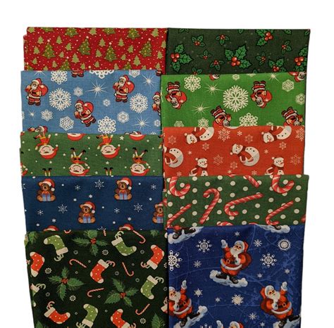 10 Pc Christmas Fabric Fat Quarter Bundle Assorted Prints 100% Cotton for Quilting, Christmas ...