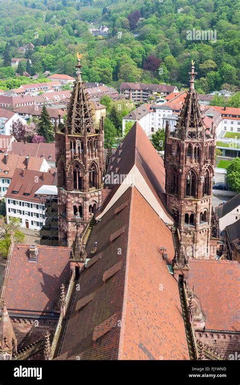 Towers of Freiburg Munster cathedral, a medieval church in Freiburg im Breisgau city, Baden ...