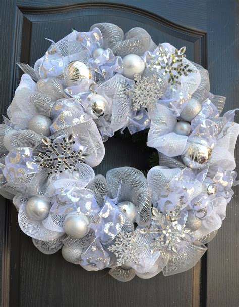 Deco mesh White Snowflake wreath Silver and White tones.