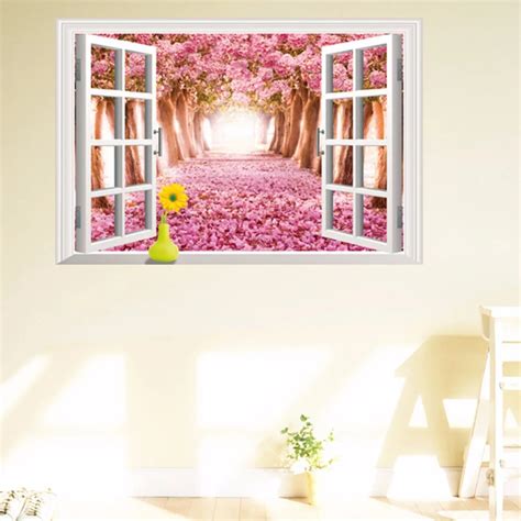 3D Pink Cherry Blossom Window View Removable Wall Sticker Sakura Living Room Modern Wall Decor ...