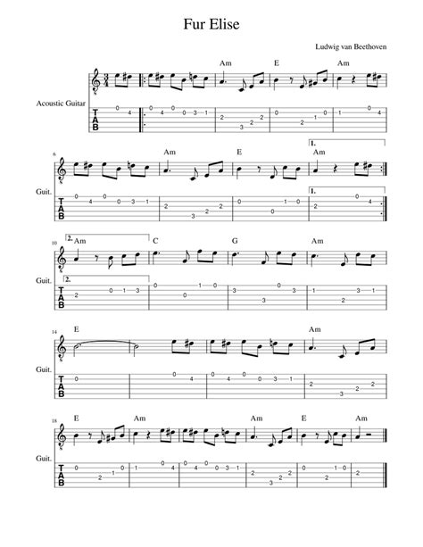 Fur Elise - Beginner Guitar Tabs & Chord Chart Sheet music for Strings Plucked Guitar (Solo ...