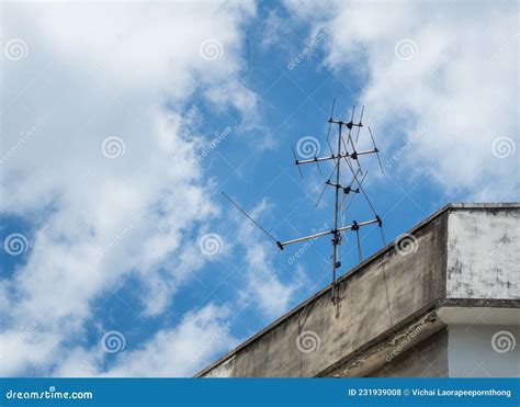 Old TV Antenna Installed on Urban House Stock Photo - Image of aerial ...