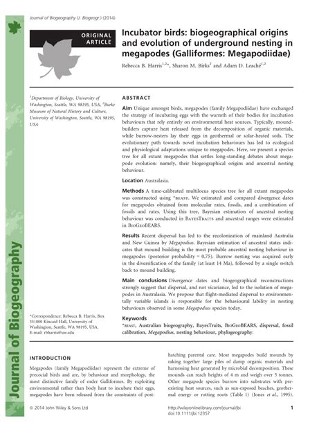 (PDF) Incubator birds: Biogeographical origins and evolution of underground nesting in megapodes ...