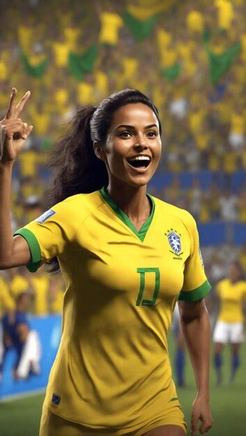 Premium AI Image | Female soccer player brazil celebrating goal in crowded stadium by winning ...