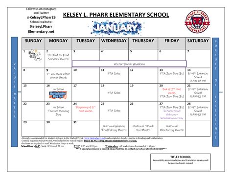 Monthly Activities Calendar – Kelsey L. Pharr Elementary