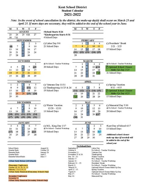 Kent School District Calendar 2022 in PDF - Download Here