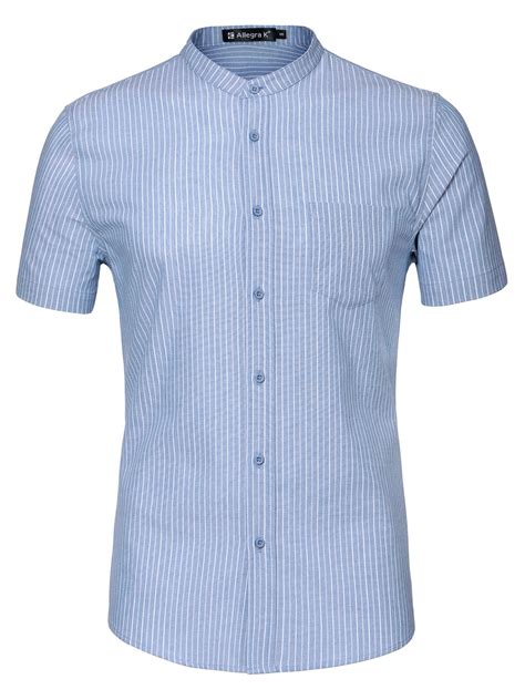 Unique Bargains - Men's Stripe Collarless Short Sleeves Button Shirt with Pocket L (US 42) Blue ...