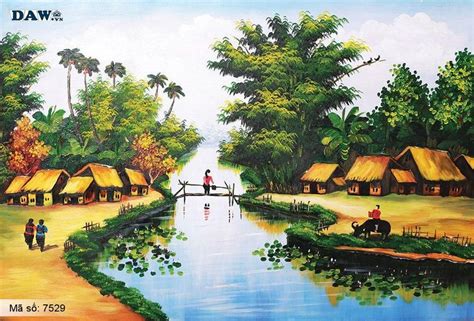 Tranh dán tường Tphcm, cảnh sinh hoạt làng quê miền Bắc, sông nước, ao hồ, tranh vẽ 7529 | Phong ...