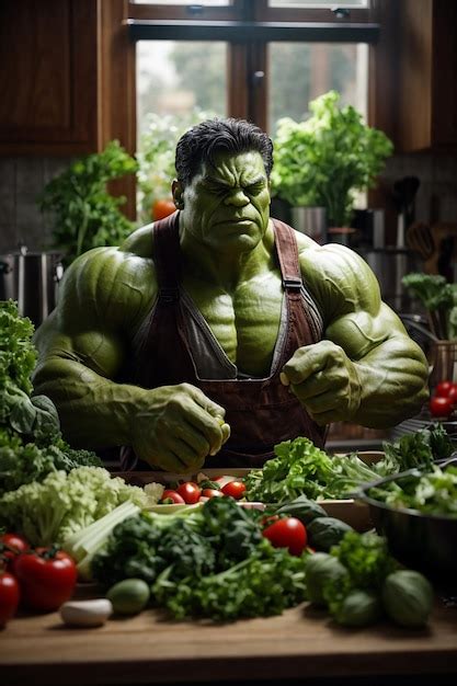 Premium AI Image | Healthy Hulk is cooking vegetables