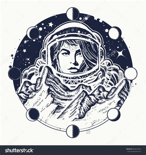 Woman astronaut tattoo art. Spaceman exploring new planets. Mountains on Mars. Symbol of space ...