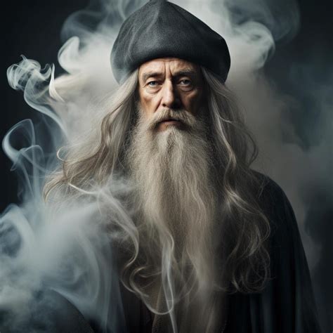featured: An old wizard with long hair and a long beard dissolves into a cloud of smoke ...