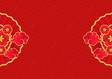 Red Chinese New Year Symmetrical Background With Folding Fan Flowers And Clouds, Red Wallpaper ...