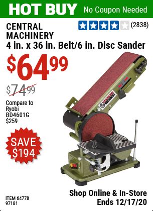 CENTRAL MACHINERY 4 in. x 36 in. Belt/6 in. Disc Sander for $64.99 – Harbor Freight Coupons