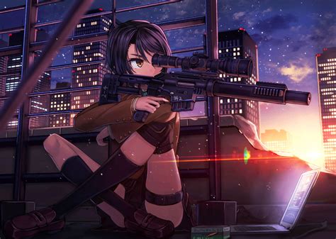 dusk, Girl With Weapon, anime girls, city, sniper rifle, anime, skyscraper, HD Wallpaper | Rare ...