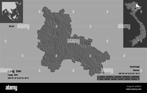 Shape of Lạng Sơn, province of Vietnam, and its capital. Distance scale, previews and labels ...