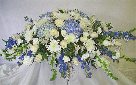 Blue and White Casket Spray | Funeral flower arrangements, Casket flowers, Funeral floral ...