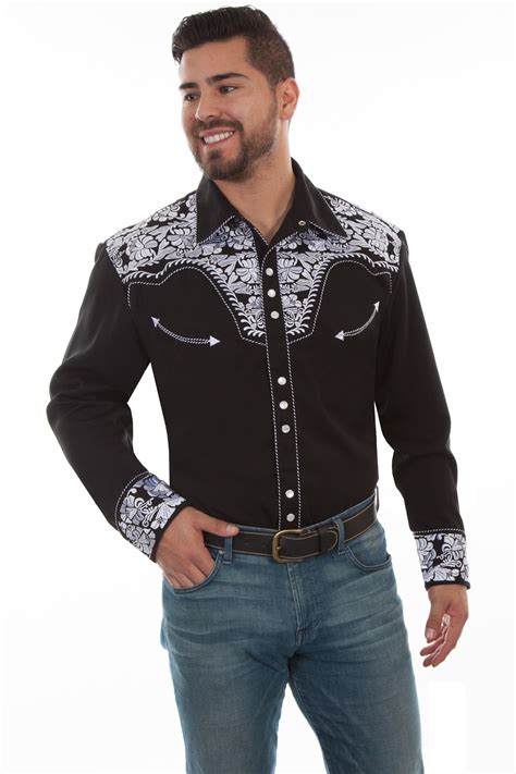 Scully Leather - Men's Scully Snap Floral Tooled Embroidery Western Cowboy Rodeo Shirt Black and ...