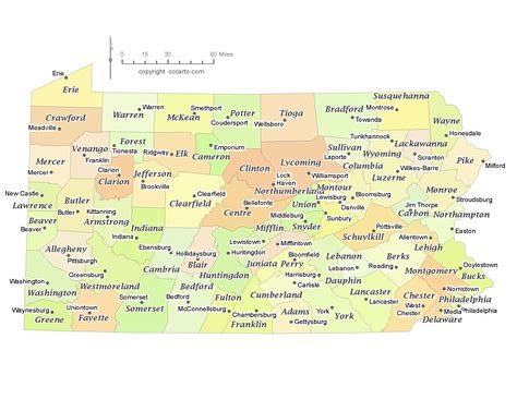 State of Pennsylvania County Map with the County Seats - CCCarto