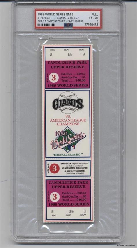 1989 World Series Ticket Game 3 (Earthquake Game) PSA 6 - Tickets From The Past