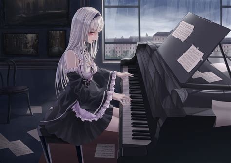 black dress, dress, anime girls, musical instrument, anime, long hair ...