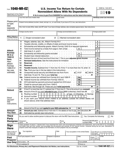 IRS Form 1040-NR-EZ Download Fillable PDF or Fill Online U.S. Income Tax Return for Certain ...