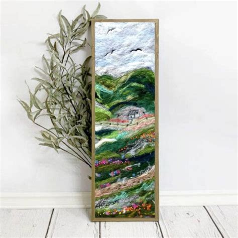 Green Fields Wool Painting, Landscape Felt Art, Needle Felted Wall Decor, Embroidered Felt ...