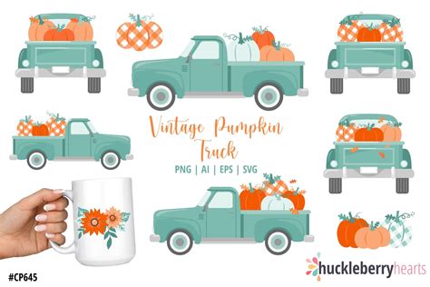 Vintage Pumpkin Truck Clipart - Huckleberry Hearts