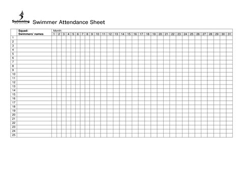 Swimmer Attendance Sheet Excel | Attendance sheet, Attendance chart, Attendance sheet template