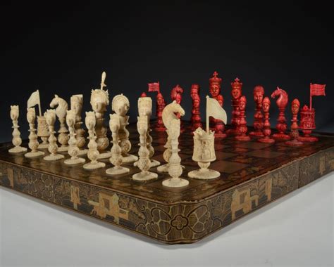 ANTIQUE MACAO IVORY FIGURAL CHESS SET