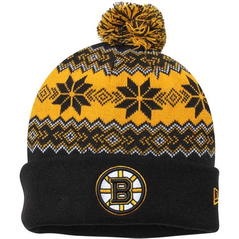 Mens Boston Bruins New Era Black Snowburst Cuffed Knit Hat with Pom