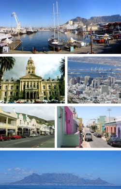 Clockwise from top: Cape Town waterfront, Cape Town CBD, Bo-Kaap, Table Mountain, Simon's Town ...