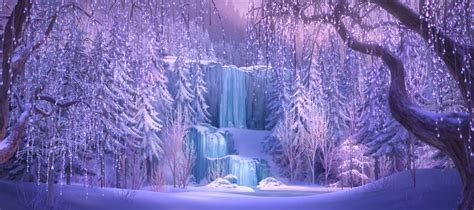 a frozen waterfall in the middle of a snowy forest with trees and snow covered ground