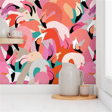 Flamingoes in Orange and Pink - EXTRA Wallpaper | Spoonflower