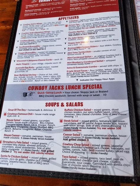 Menu at Cowboy Jack's restaurant, Fredericksburg, Plank Rd