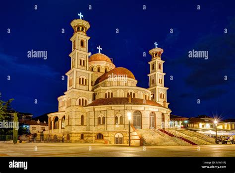 Illuminated Orthodox Resurrection Cathedral, at night, Korca, Korça ...