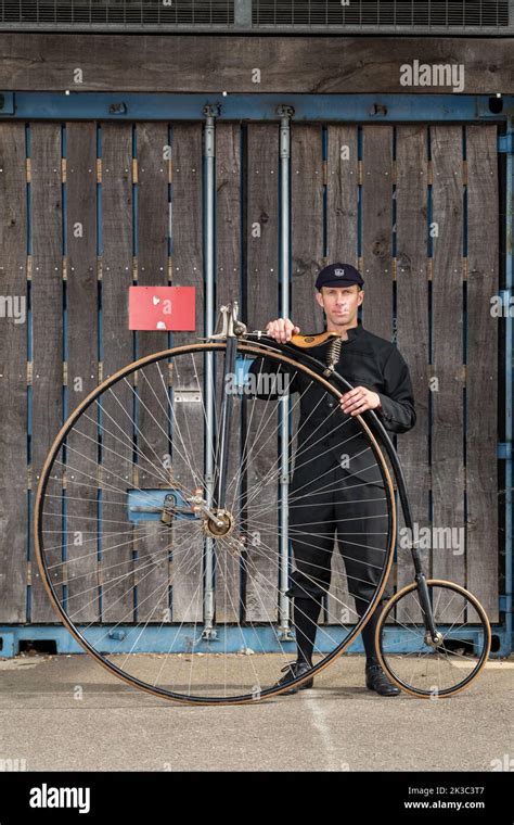 Michael Gray wih his 1888 Rudge Ordinary. Hillingdon Cycle Circuit, Hayes, London. 25th ...