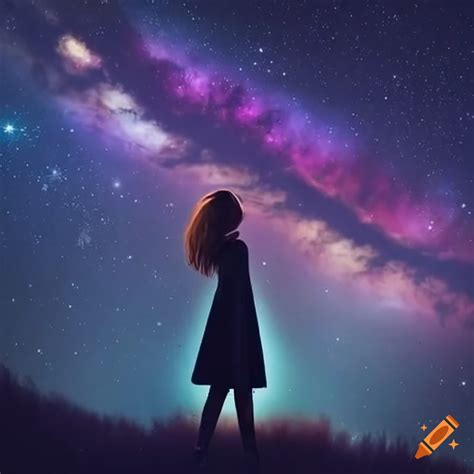 Girl witnessing celestial beings in the night sky