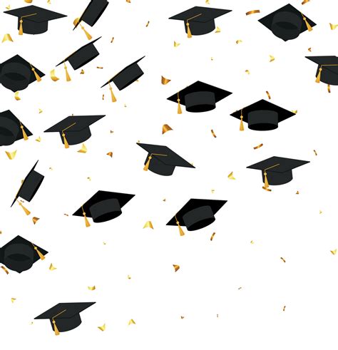 Graduation. Transparent background with realistic flying black degree ...