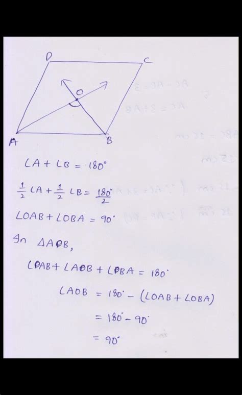 in the parallelogram ABCD the bisector of angle A and Angle B meet at O find angle aob - Maths ...