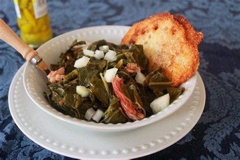 Collard Greens with ham hocks served with chopped onions, pepper vinegar and lacey cornbread ...