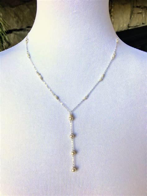 Pearl Y Necklace ~ Pearl and Crystal Y Necklace ~ Tiny Pearl Necklace