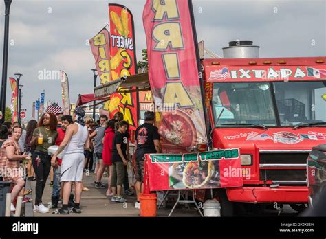 New Haven, CT, US-September 6, 2022: People line up for Mexican and ...